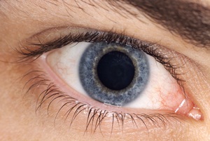 Image of an eye showing a dilated or enlarged pupil - one of the effects of adrenaline released during a &#39;fight or flight&#39; response.