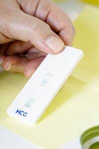 Photo showing a urine sample that has tested positive for human chorionic gonadotropin (hCG). This hormone is secreted by the placenta in pregnant women.