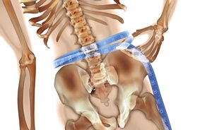 Enhanced X-ray of a person measuring their waist with a tape